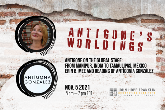 Antigones Worldings graphic, with title of event and headshots of the two speakers